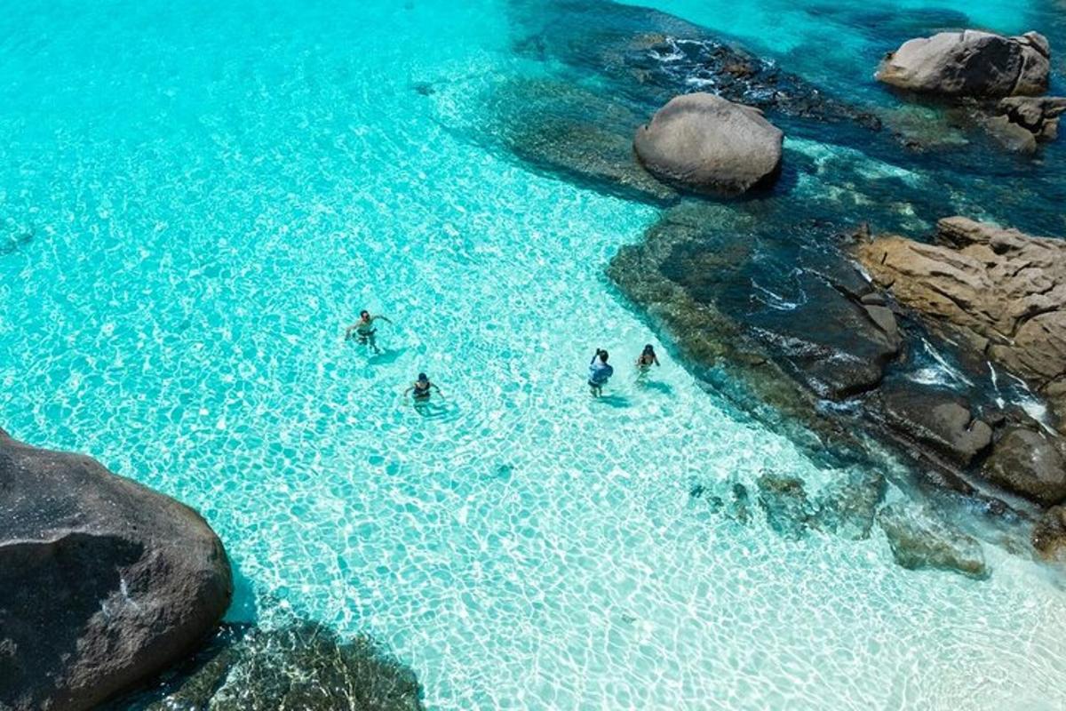 un gruppo di persone che nuotano nell'acqua blu