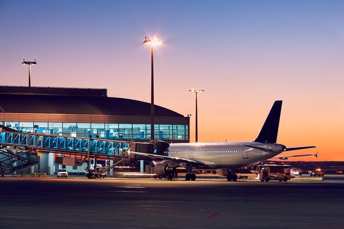 Un avión está estacionado en un aeropuerto