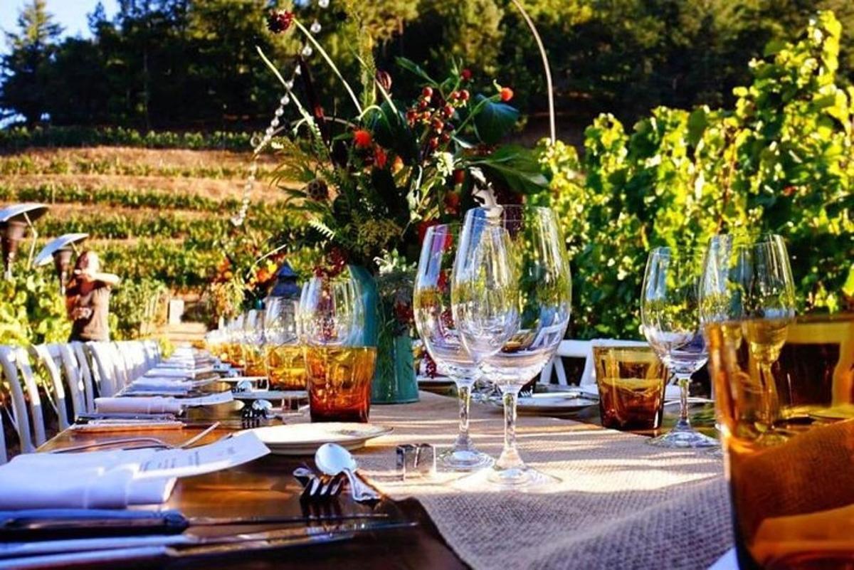 a long table with wine glasses and napkins on it
