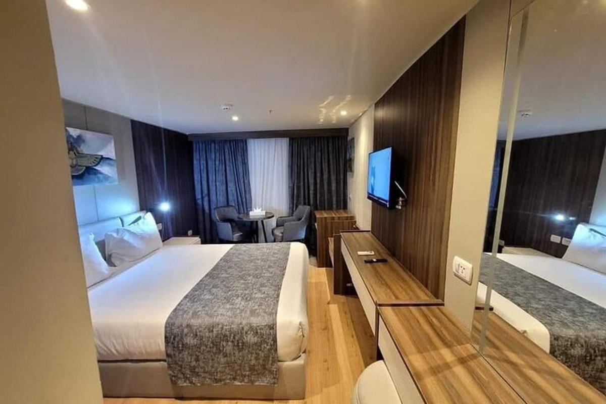 hotelska soba z dvema posteljama in televizijo