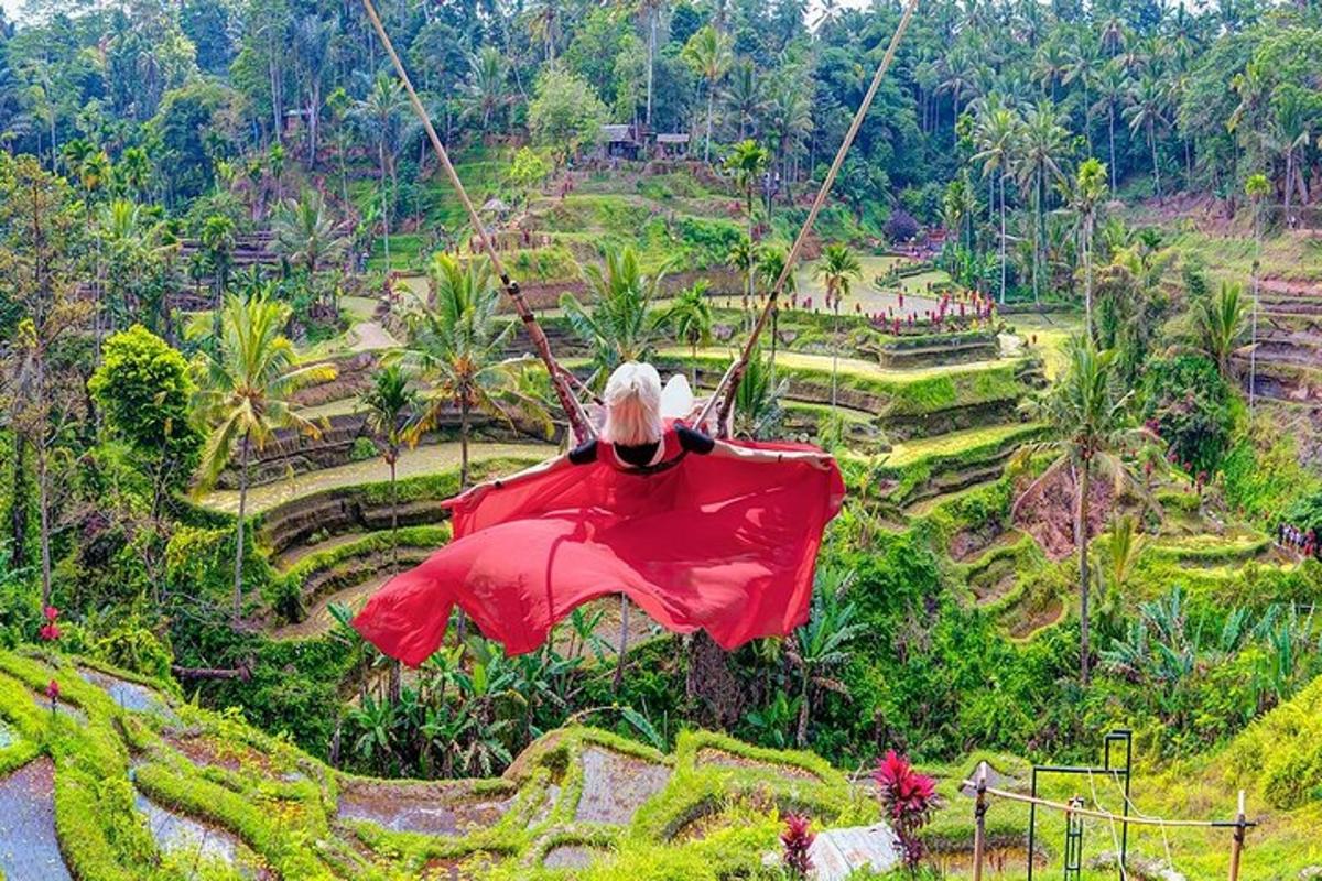 un ombrello rosso appeso sopra un campo di piantagioni