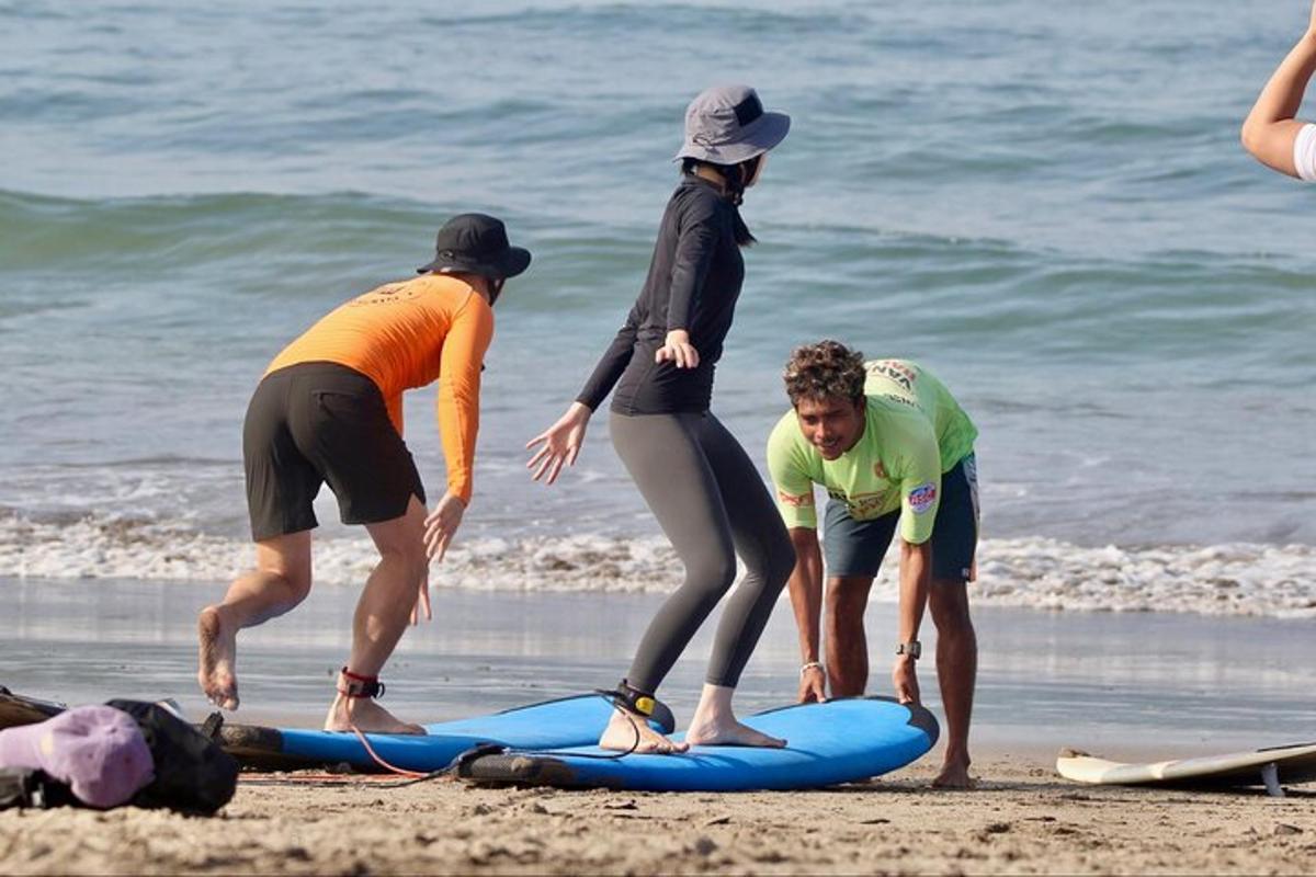 sekumpulan orang di pantai dengan papan luncur