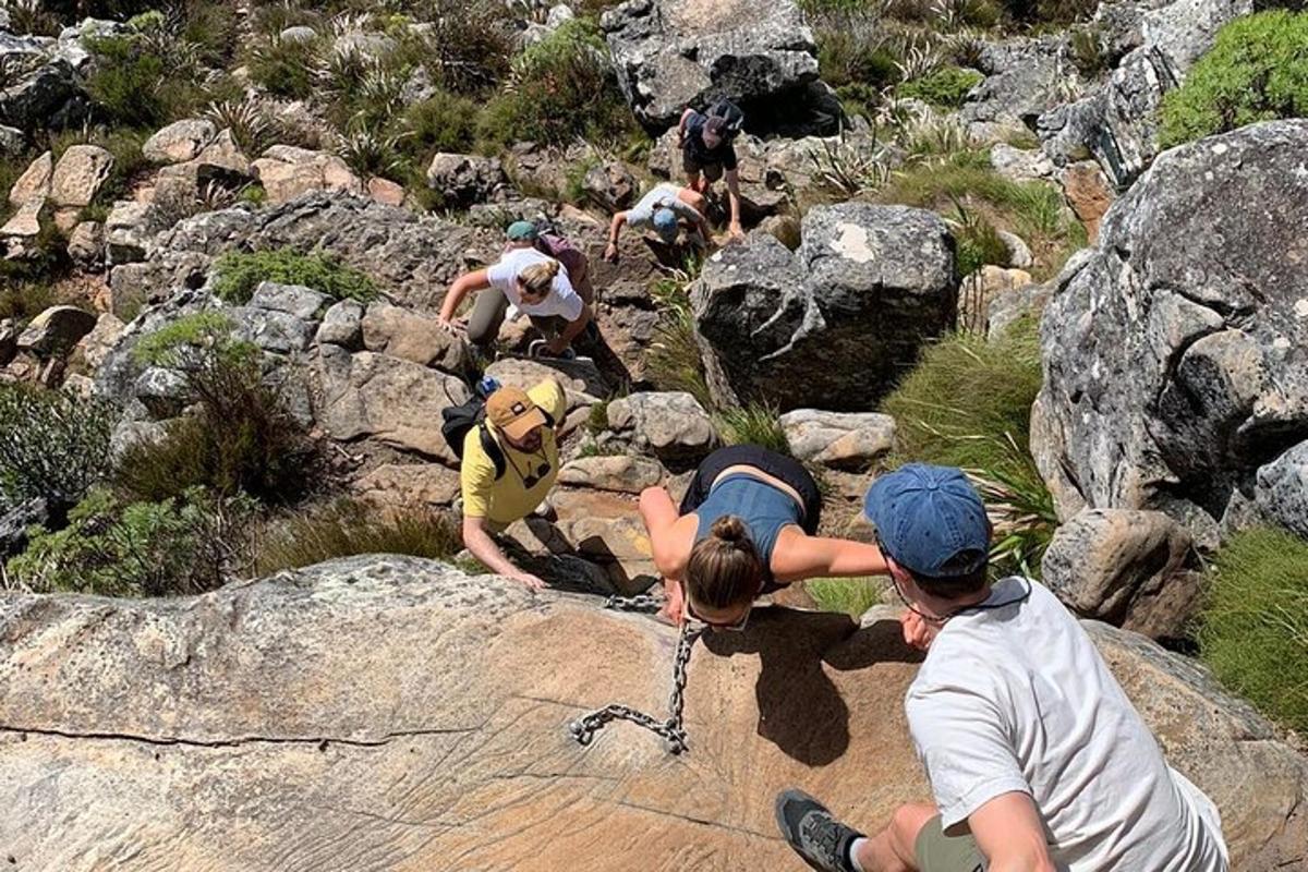 Un grupo de personas escalando rocas en una montaña.