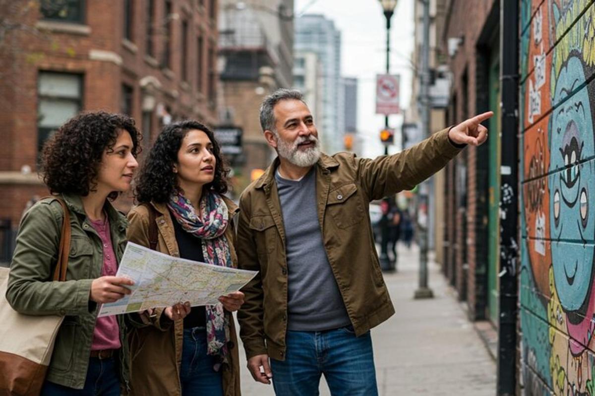 Un hombre y dos mujeres caminando por una calle