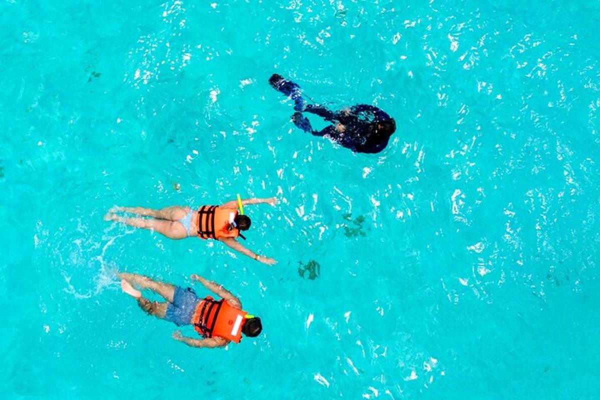 three people are swimming in the blue water