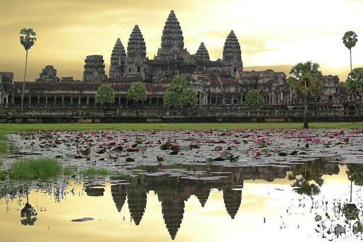 a pond in front of a large building with pink flowers