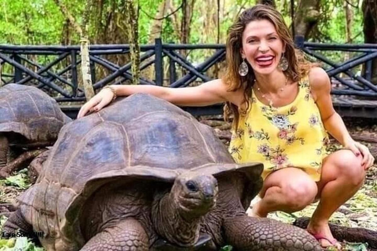 žena sedící na obří želvě