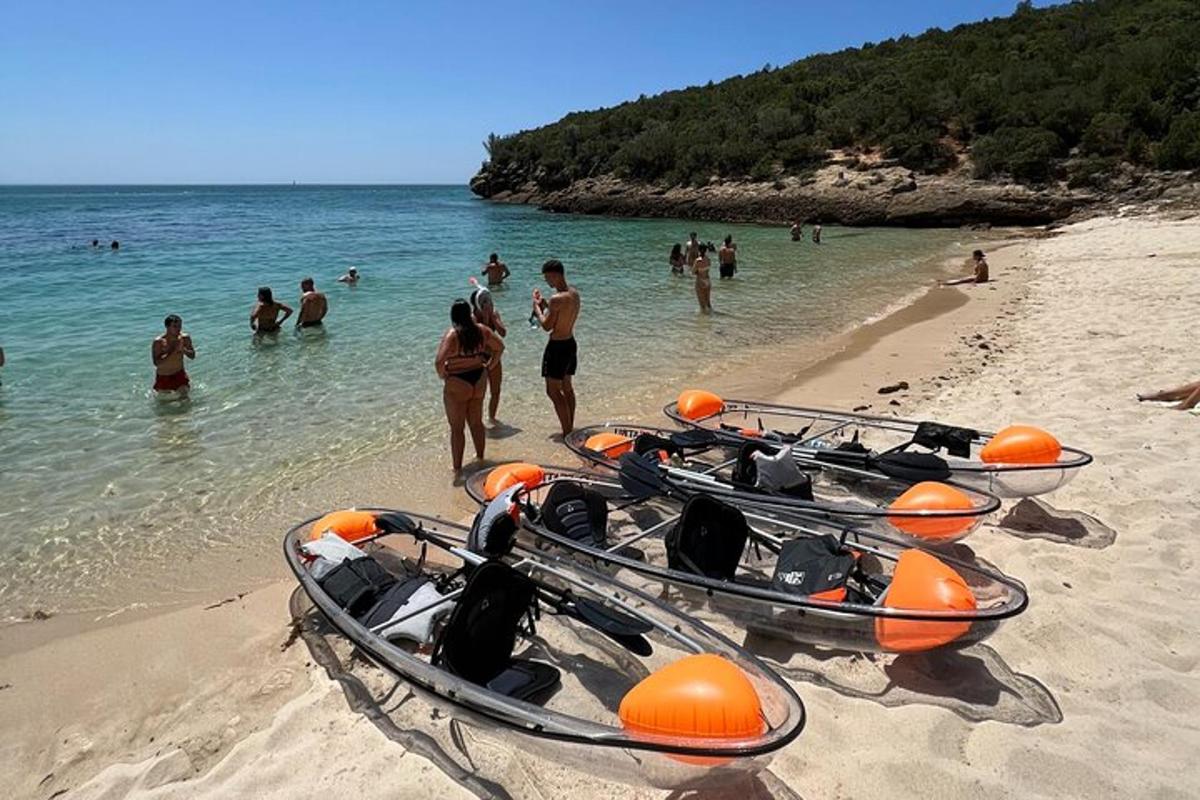a group of people standing on a beach with boats