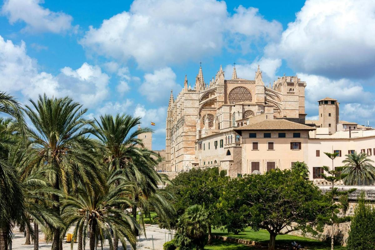 un grande edificio con palme di fronte