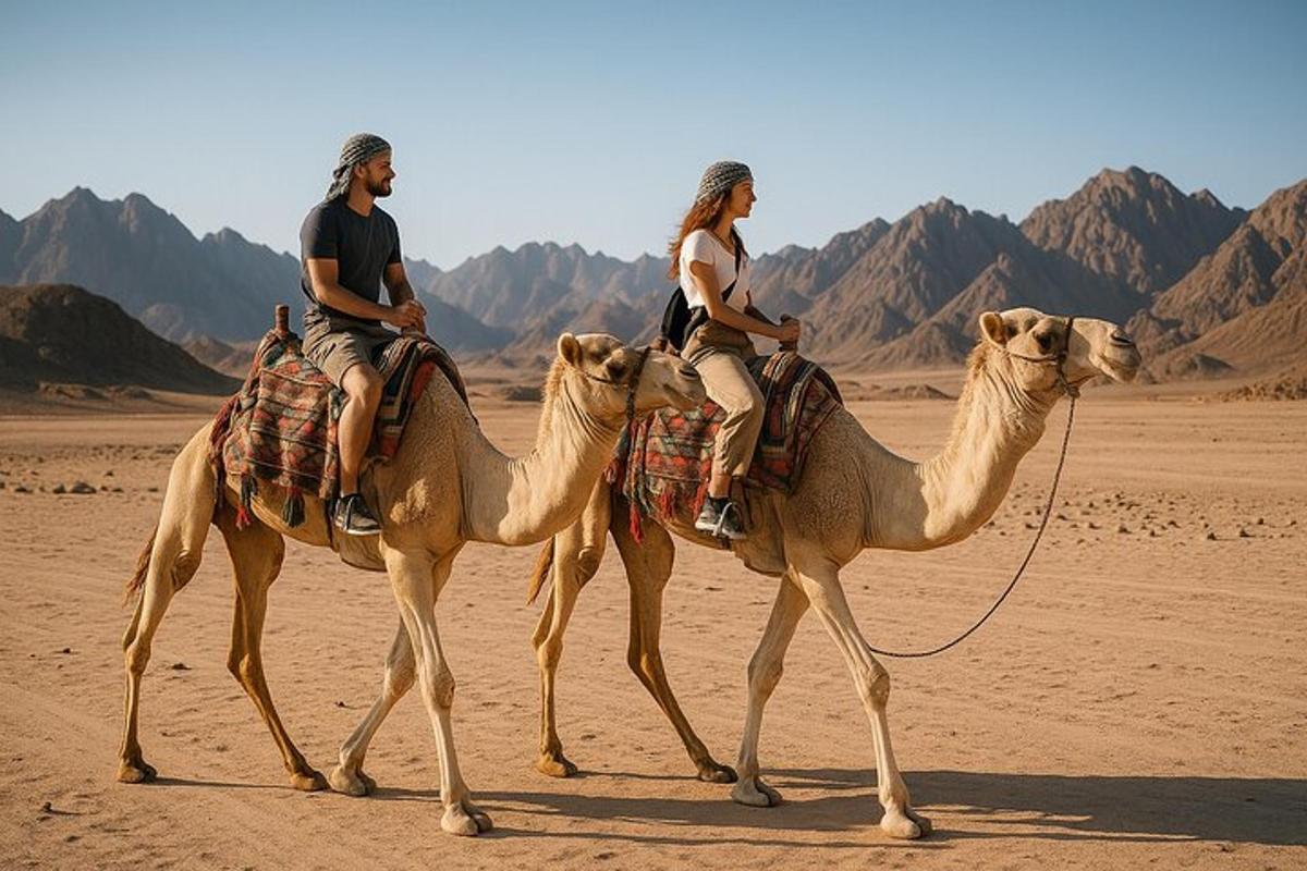 due persone a cavallo di cammelli nel deserto