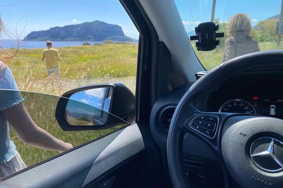 una donna in piedi in macchina che guarda un campo