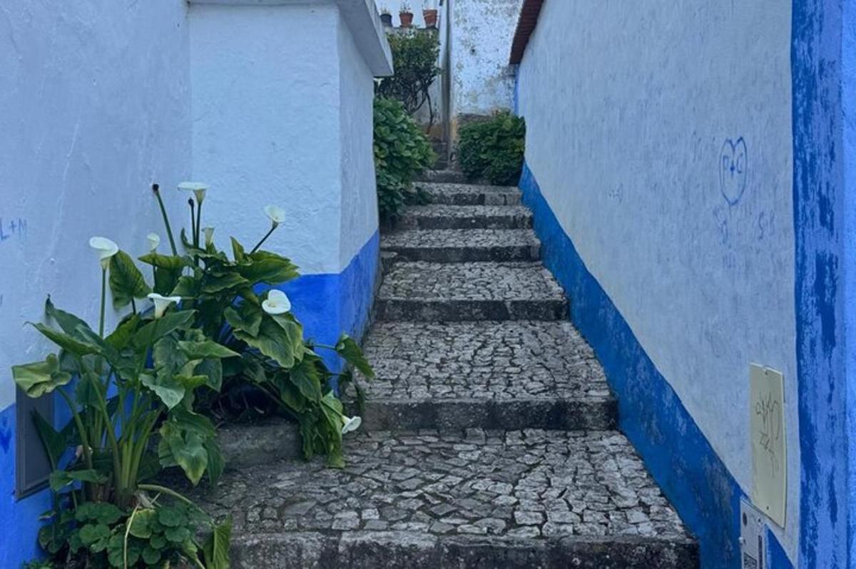 uma escada com paredes azuis e um prédio azul e branco
