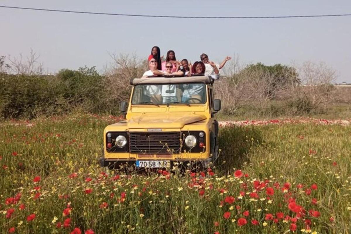 a group of people riding on the back of a yellow truck