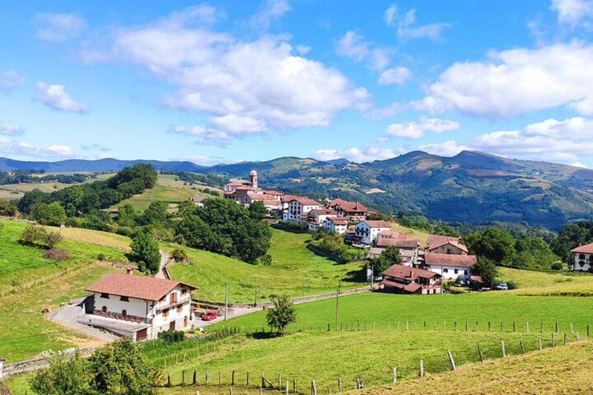 uma pequena vila em uma colina verde com montanhas