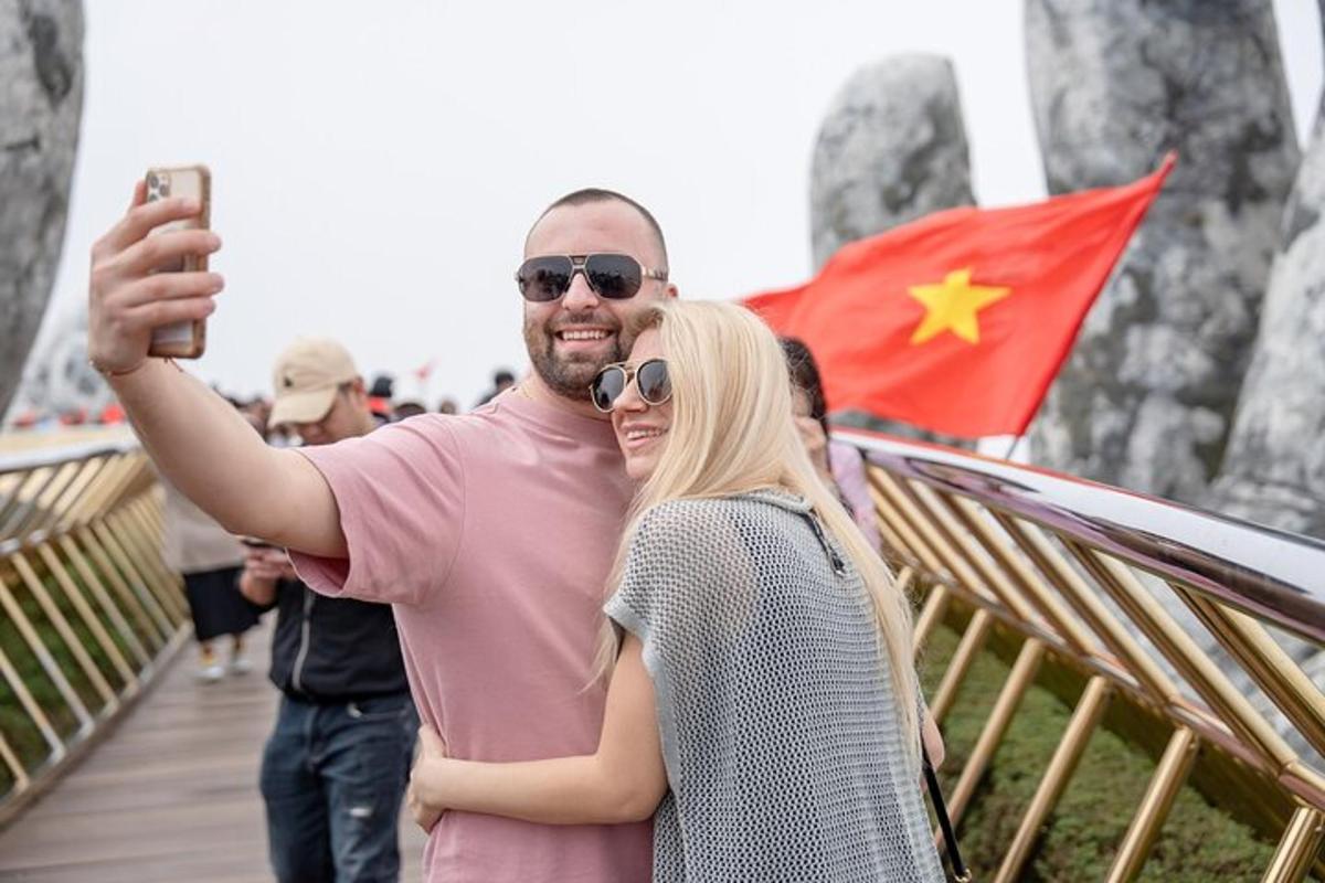 a man and a woman taking a picture with a flag