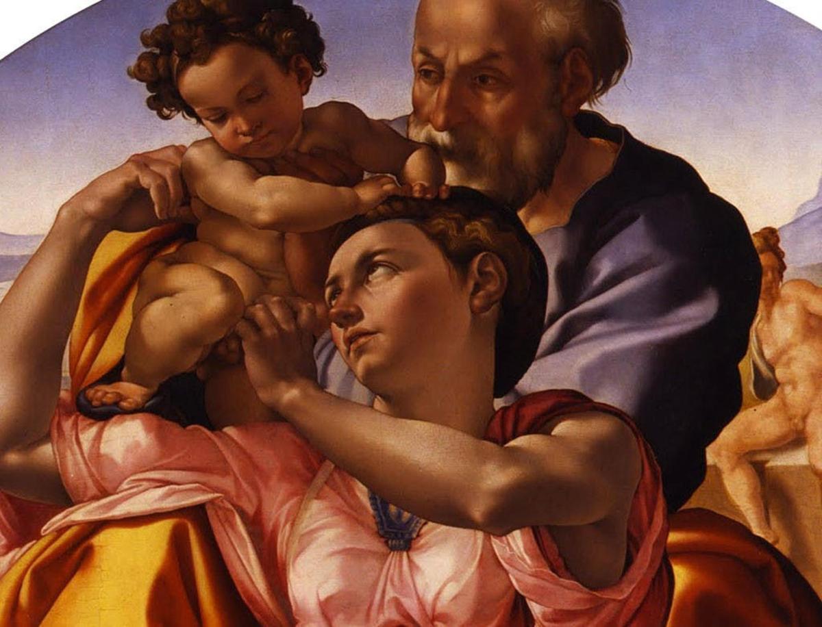 a painting of a man with a child on his head