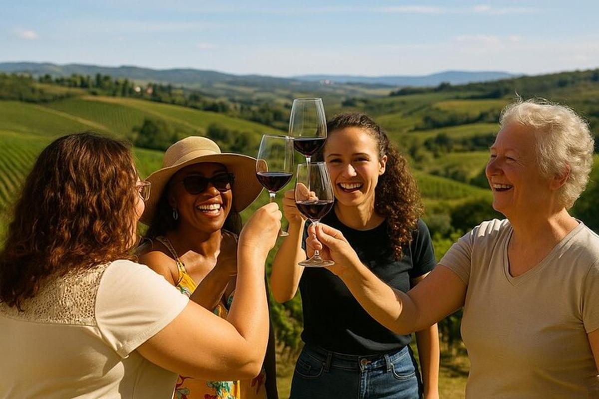 un gruppo di donne che bevono vino in un vigneto