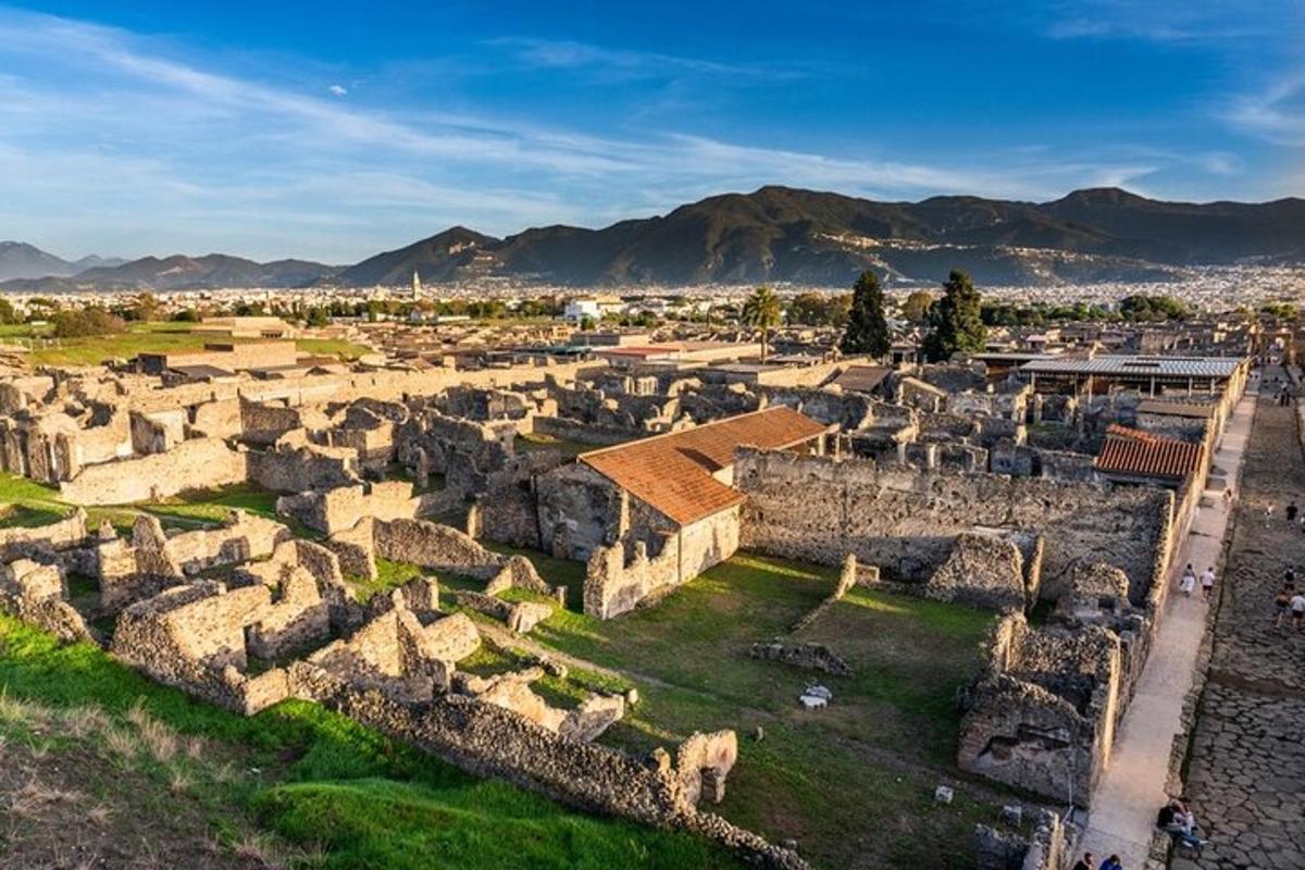 una vista aerea di un villaggio con edifici e montagne
