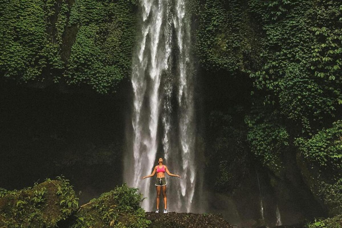 seorang wanita berdiri di hadapan air terjun