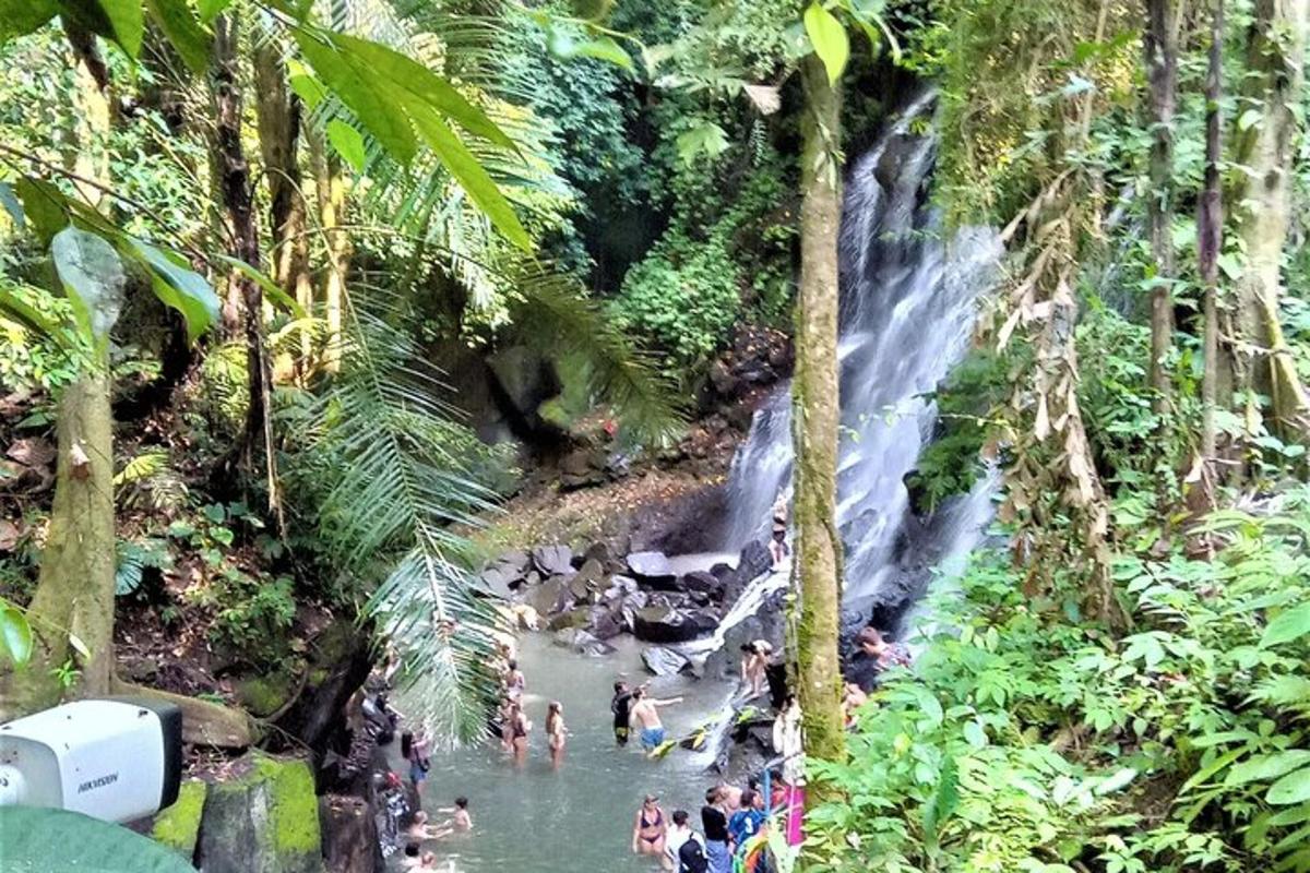 um grupo de pessoas na água perto de uma cachoeira