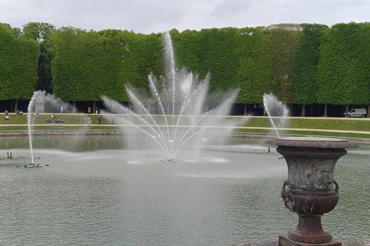 a fountain in the middle of a pond in a park