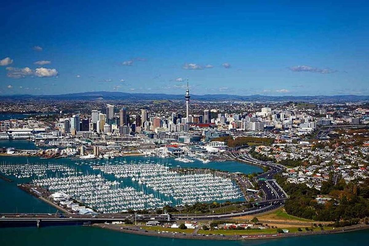 an aerial view of a city with a harbor with boats