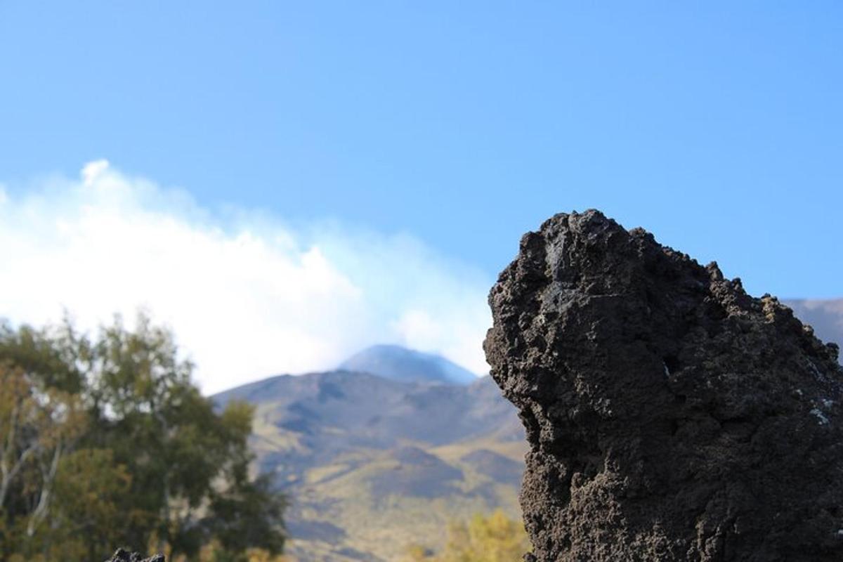 batu di latar depan dengan gunung di latar belakang