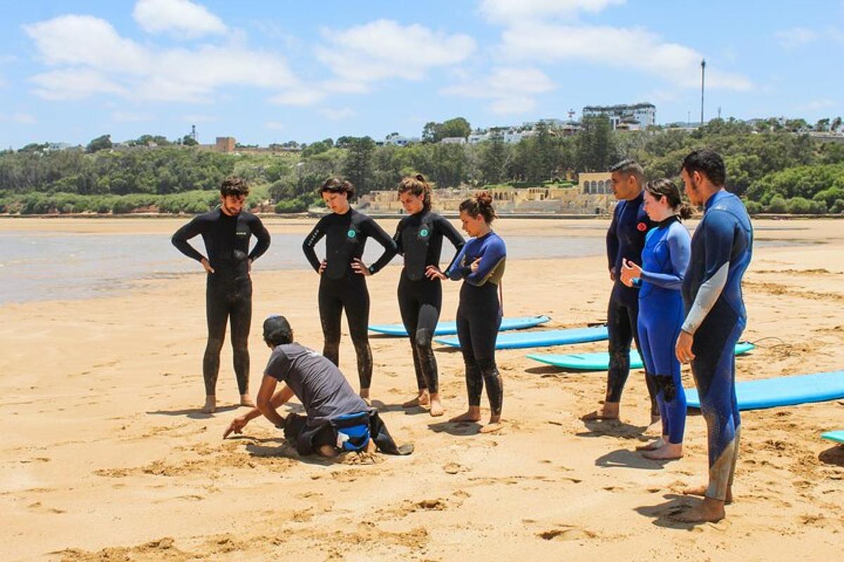 a group of people standing on a beach with surfboards