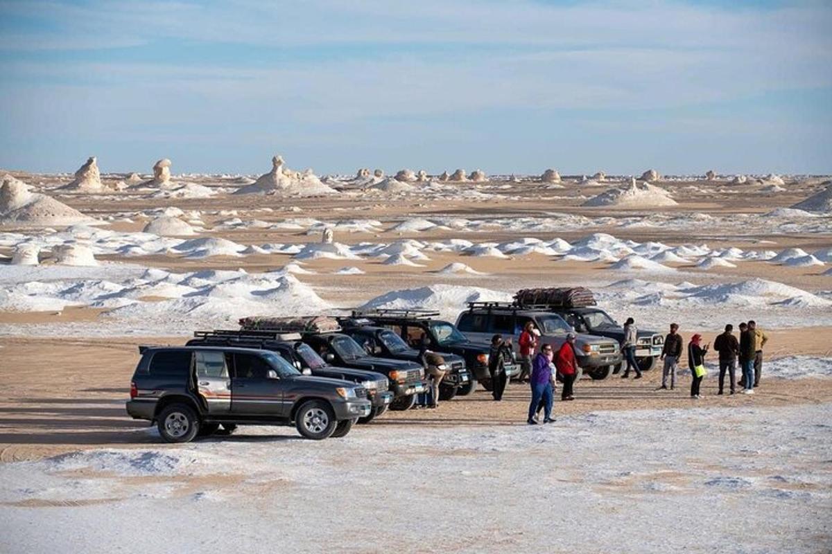 en gruppe biler parkert i en ørken med snø