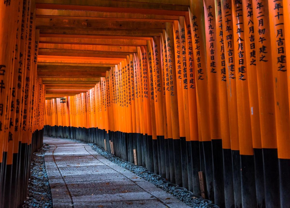 a row of orange torii gates in a building
