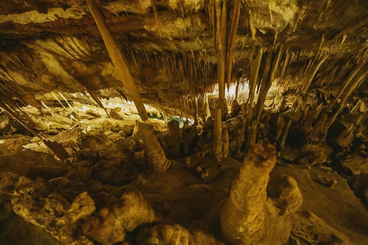a group of people standing in a cave