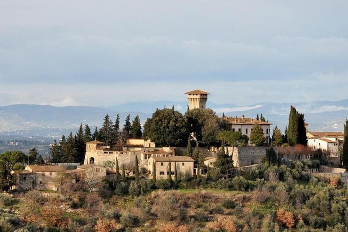 un villaggio su una collina con una torre sullo sfondo