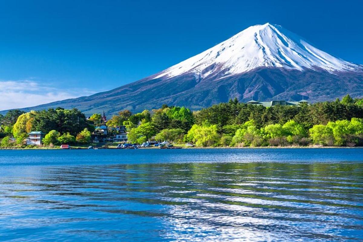 Una montaña cubierta de nieve situada junto a un cuerpo de agua.