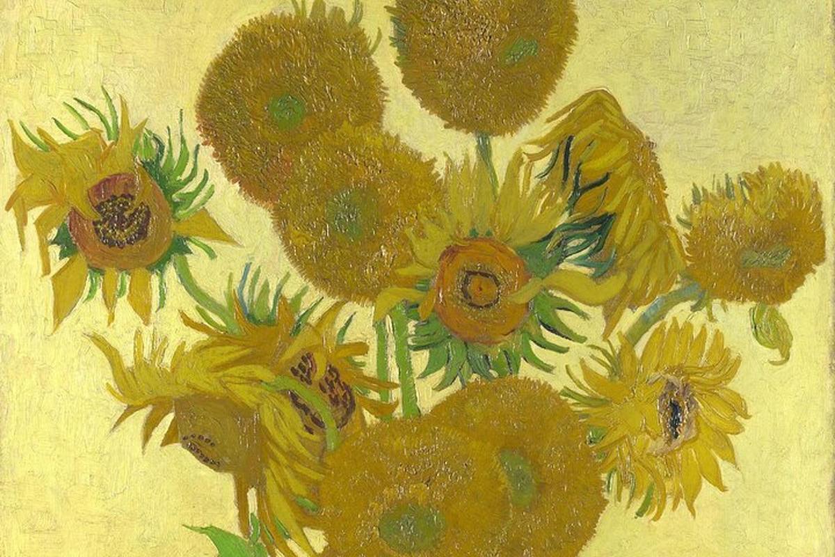 a painting of a group of sunflowers in a vase