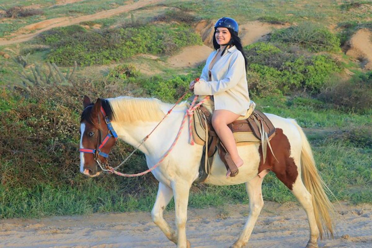 女性が馬に乗っている