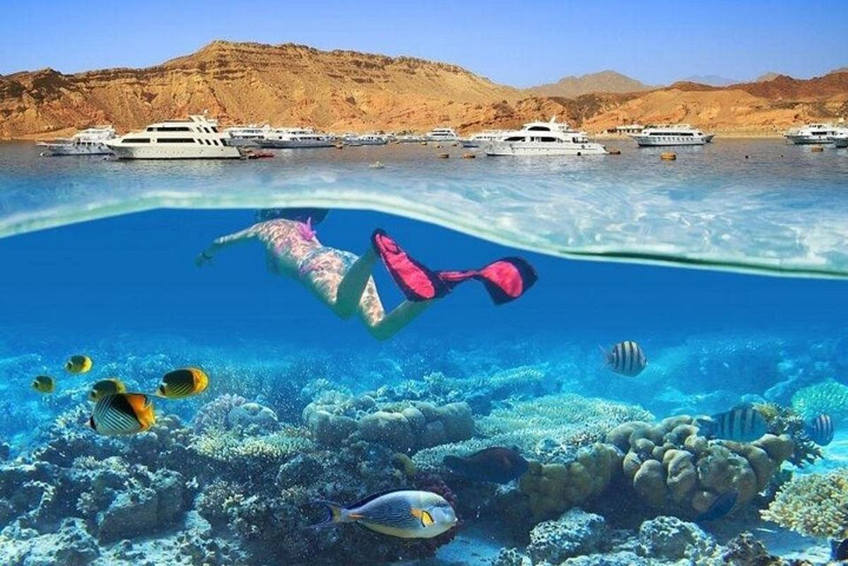 Una mujer nadando sobre un arrecife de coral en el océano.