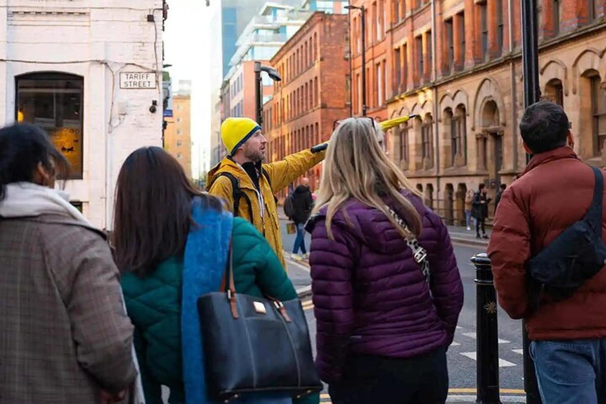 a group of people standing on a city street