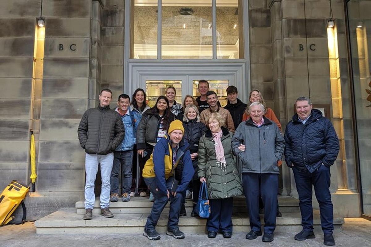 a group of people standing in front of a building
