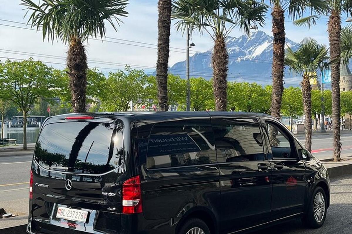 uma minivan preta estacionada em uma rua com palmeiras