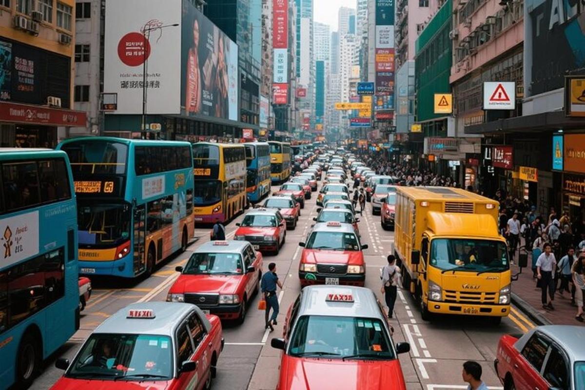 rušná městská ulice plná aut a autobusů
