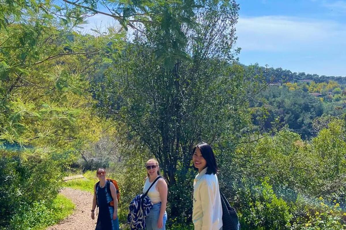 three women walking on a trail in the woods