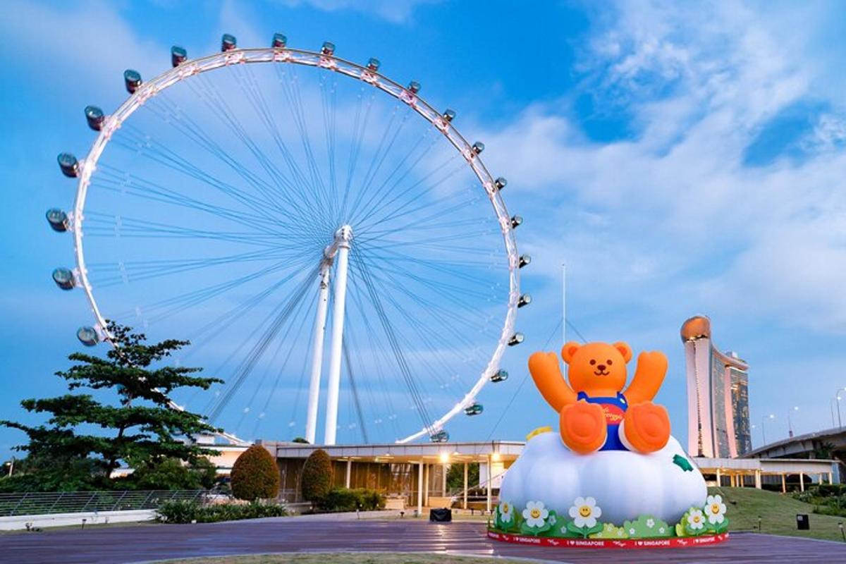 a teddy bear sitting on a ball in front of a ferris wheel