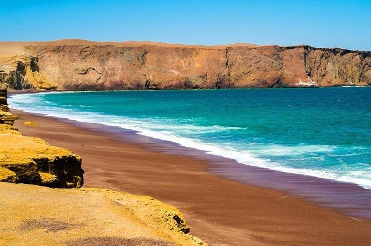 pantai dengan air biru dan garis pantai berbatu
