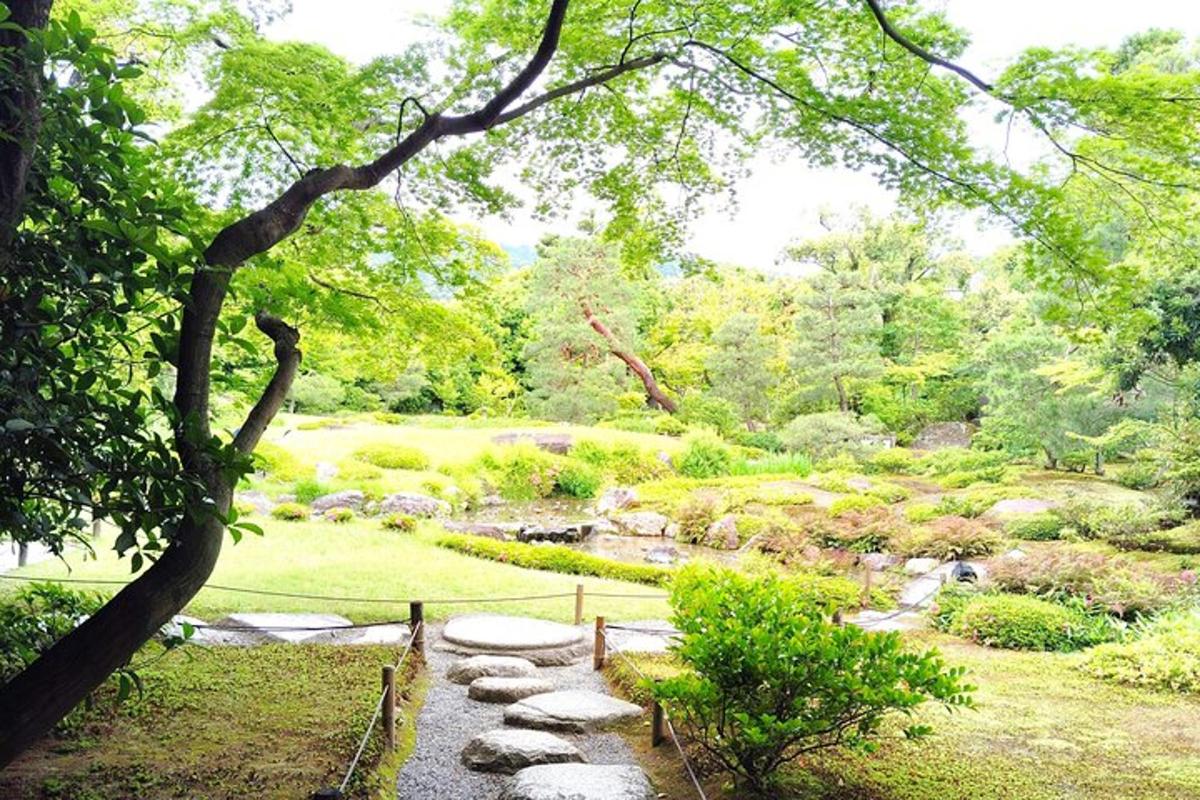 ein Garten mit Felsen und einem Weg in einem Park