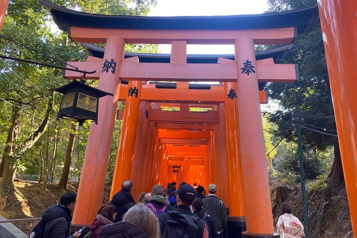 en folkemengde som går gjennom en oransje torii-port