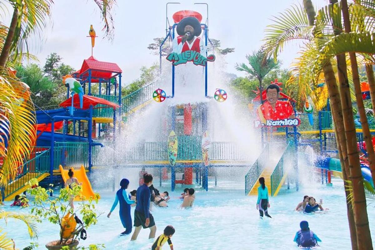 a group of children playing in a water park
