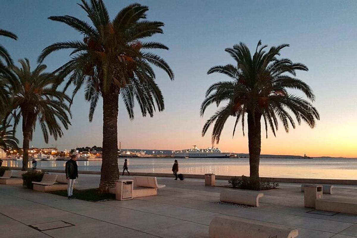 egy pálmafás strand és emberek sétálnak a járdán