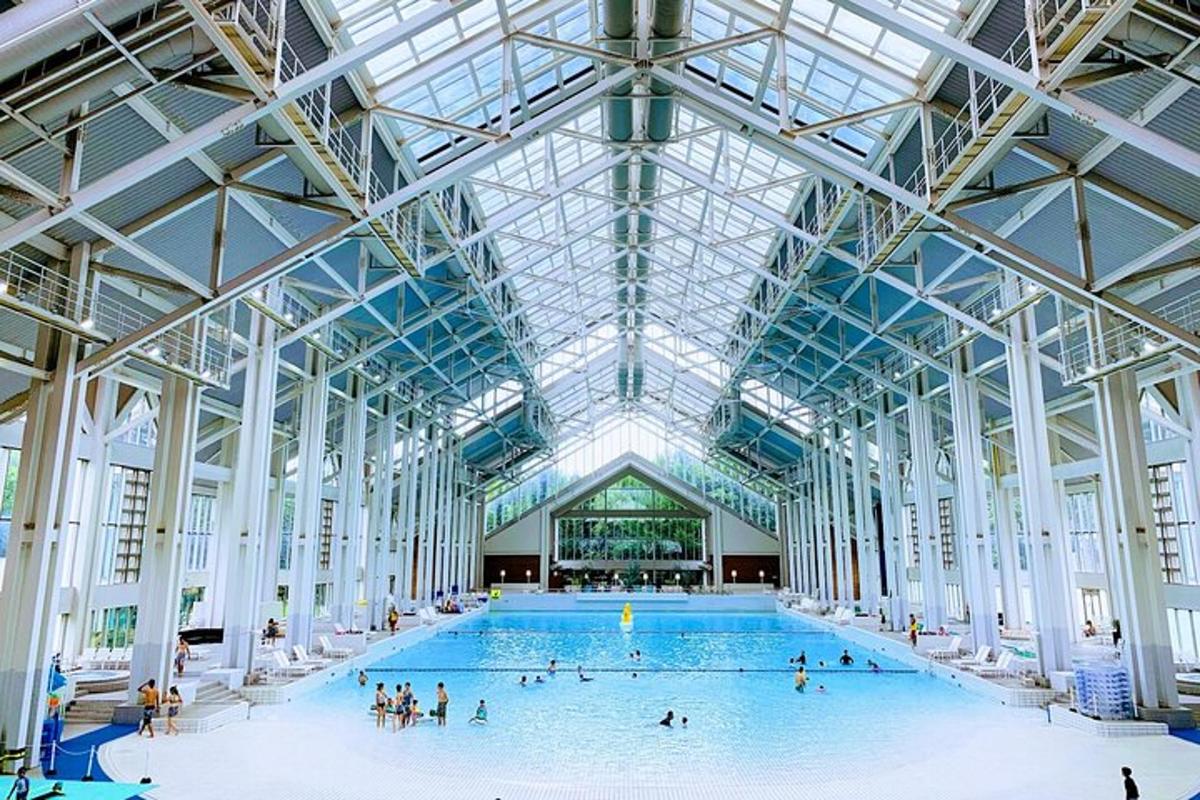 una gran piscina coberta amb gent a dins