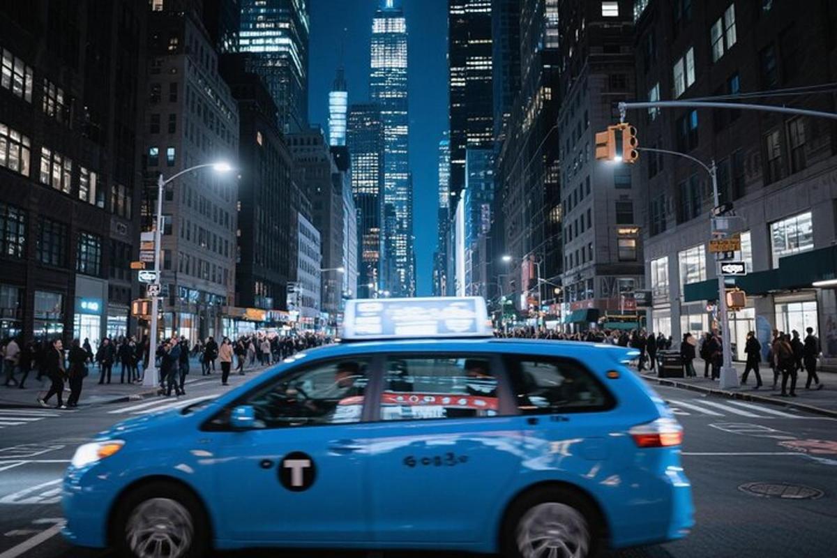 un'auto blu che percorre una strada cittadina di notte