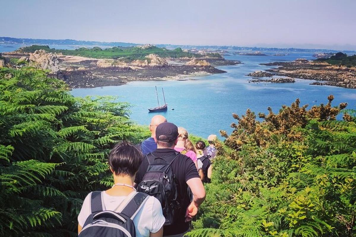 a group of people walking on a trail looking at the ocean
